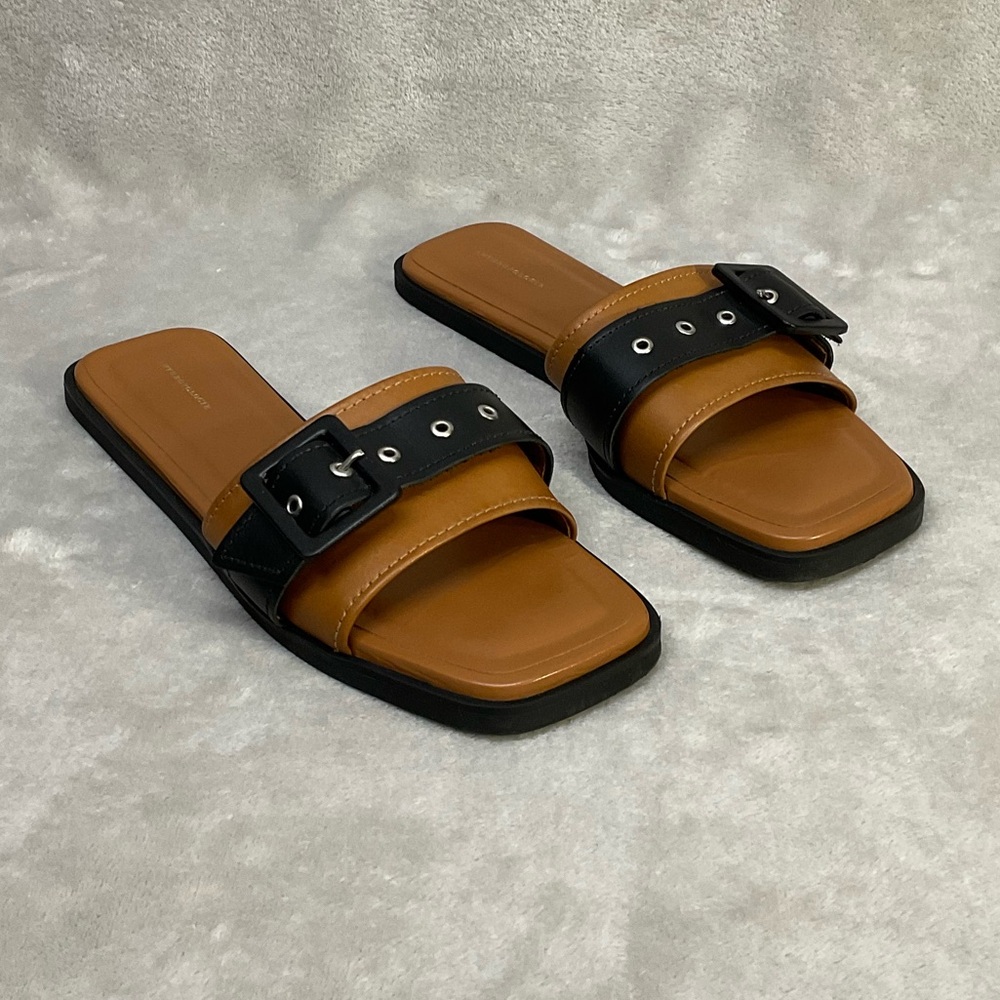 Anthropologie Leather Buckle Slip-On Slide Sandals Womens 9 / 39 Black Brown